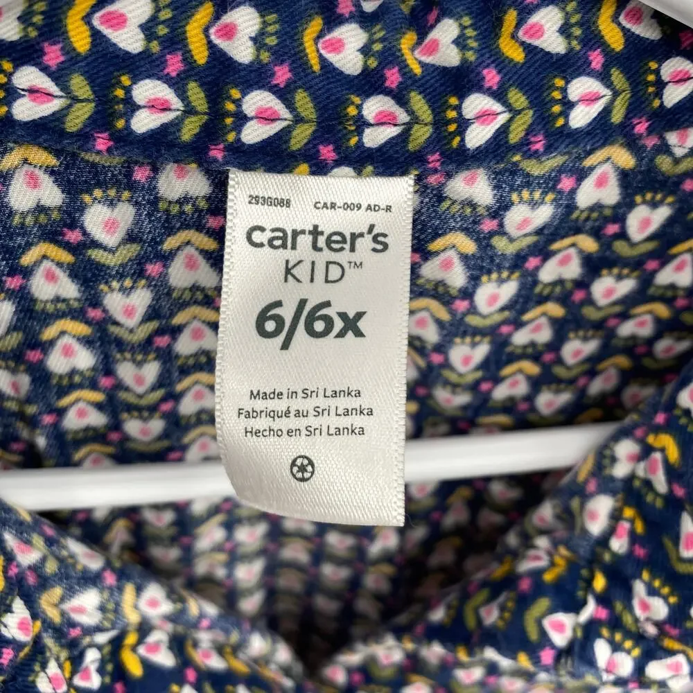 Carters Girls Heart Print Button Front Long Sleeve Shirt Blue Size 6-6X